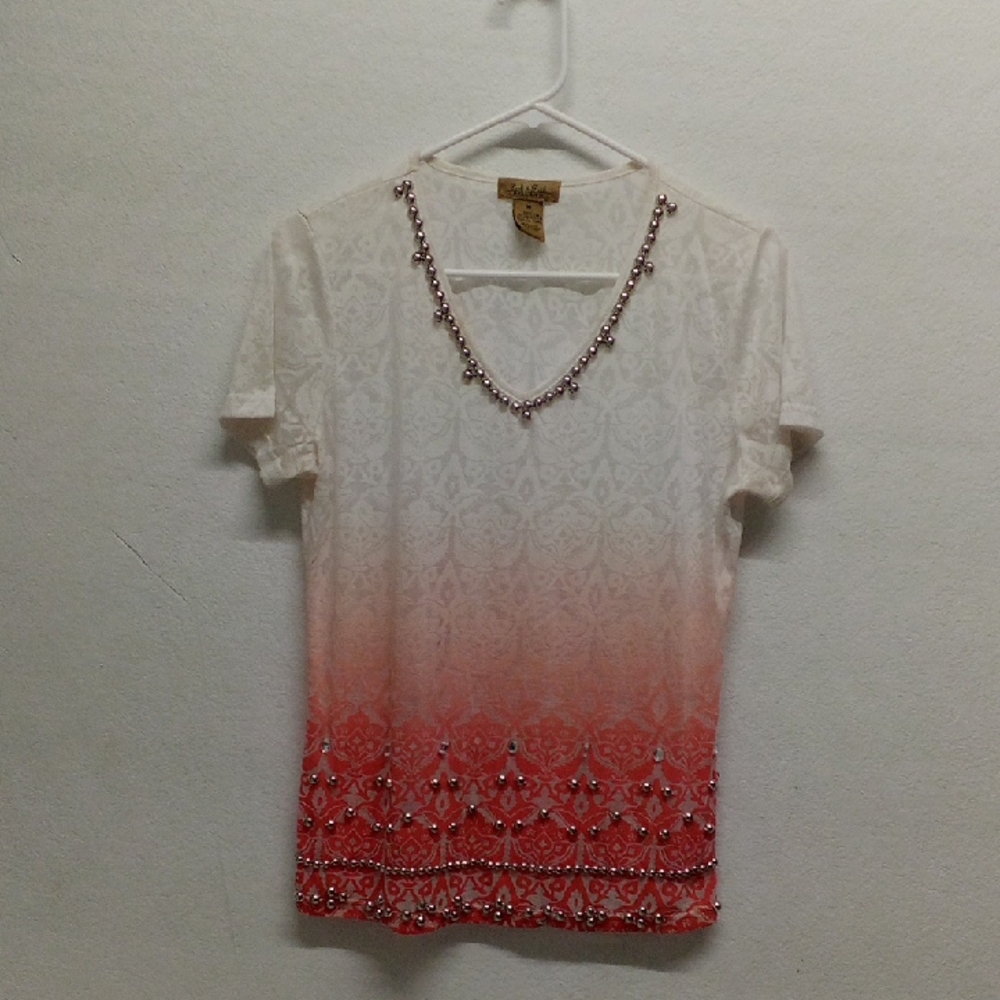 Peck & Peck Weekend White and Orange See Through Embellished T-Shirt